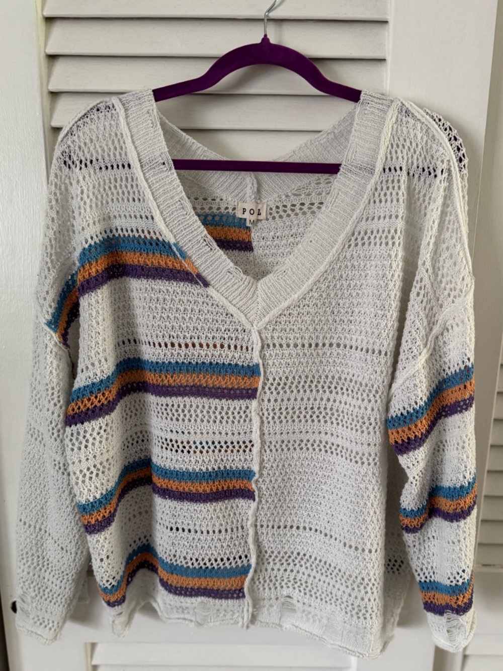 POL White Open-Knit V-Neck Sweater with Blue, Orange, Purple Stripes